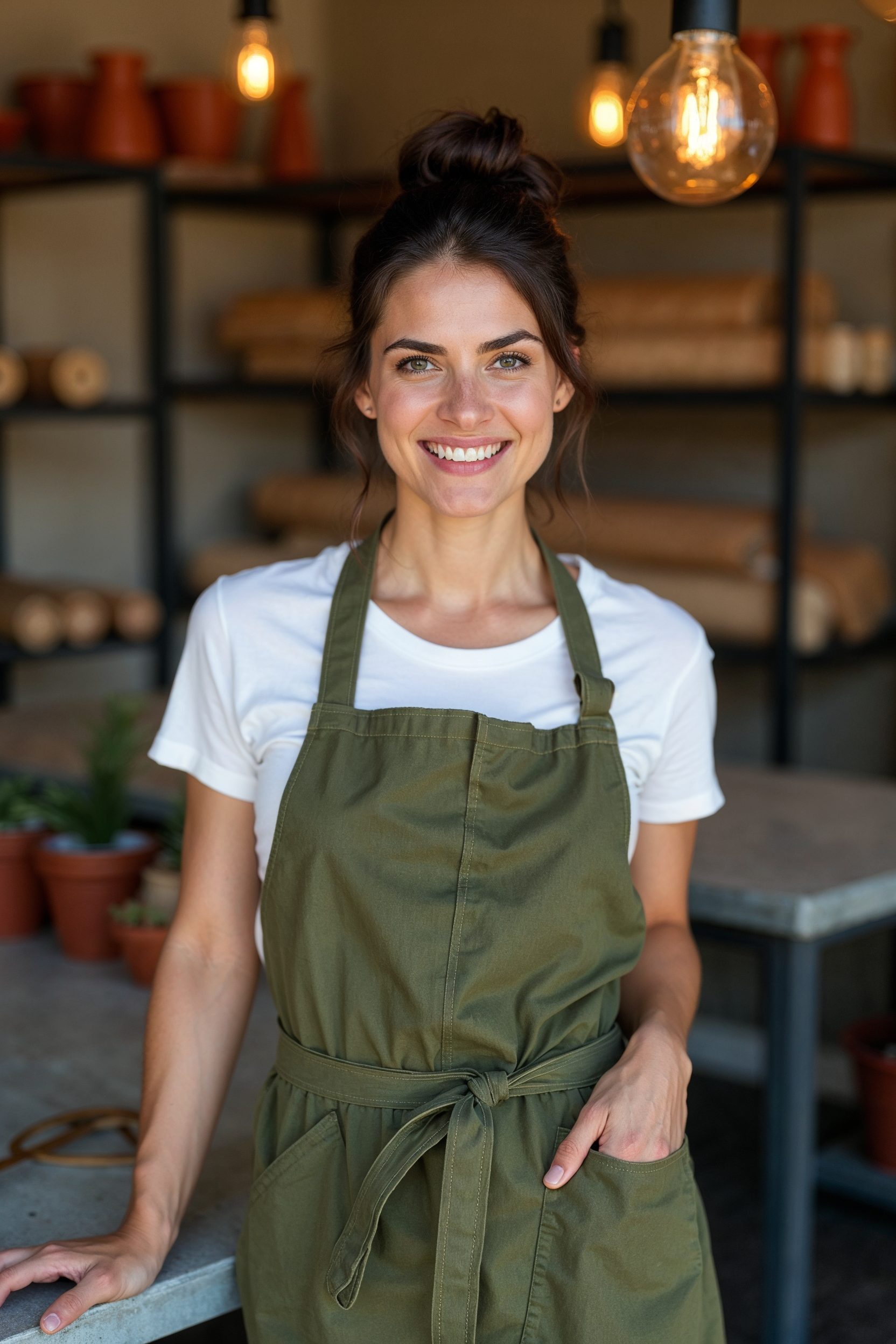 Çiçek atölyesinde gülümseyen deneyimli kadın florist portresi