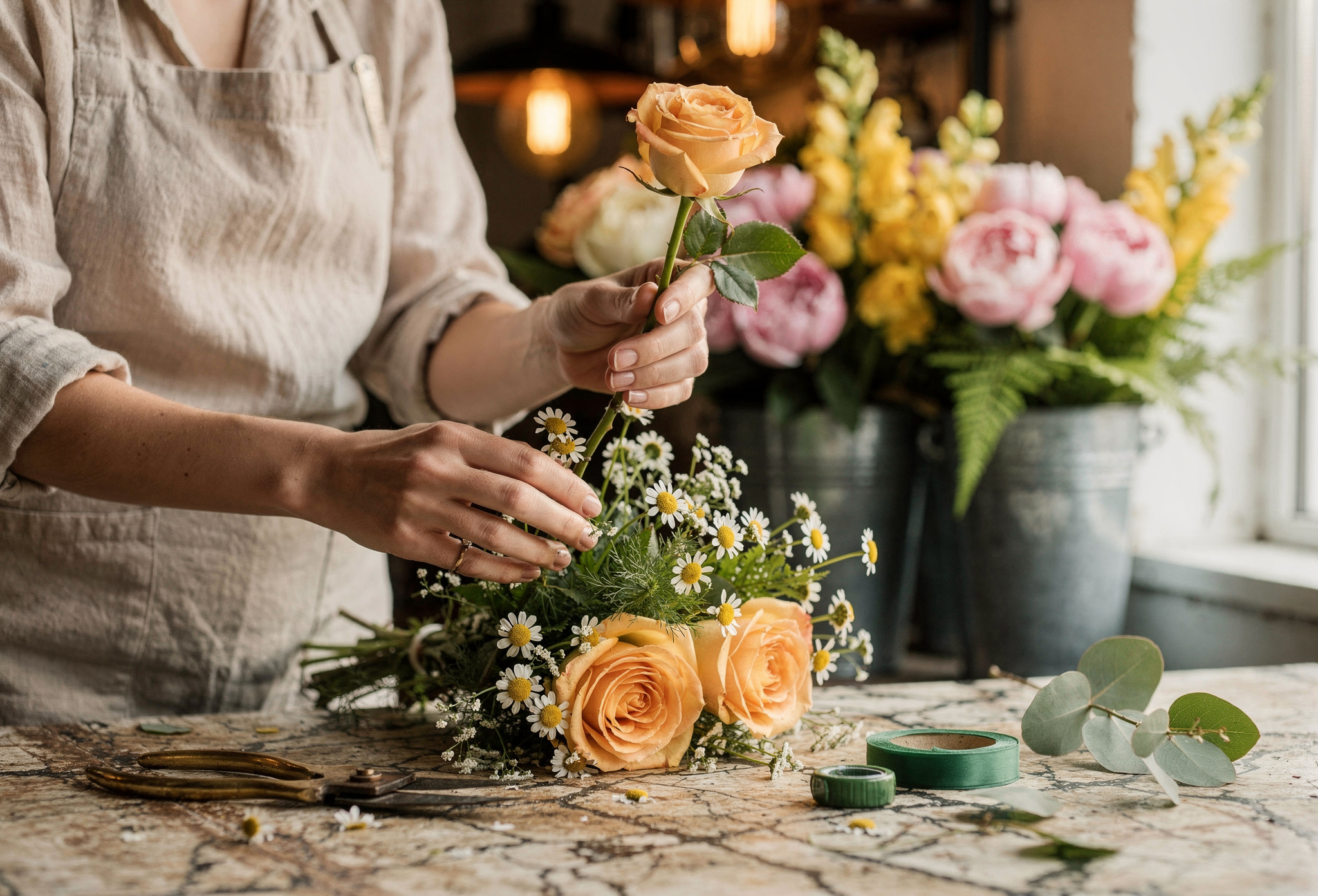 Çiçek atölyesinde buket hazırlayan florist elleri
